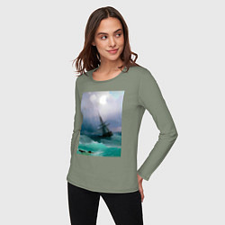 Лонгслив хлопковый женский Корабль среди бурного моря, цвет: авокадо — фото 2