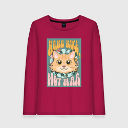 Лонгслив хлопковый женский Винтажный рыжий кот пацифист, цвет: маджента