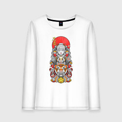 Лонгслив хлопковый женский Девушка ниндзя и тигр, цвет: белый