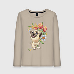 Лонгслив хлопковый женский Мопс с букетом, цвет: миндальный