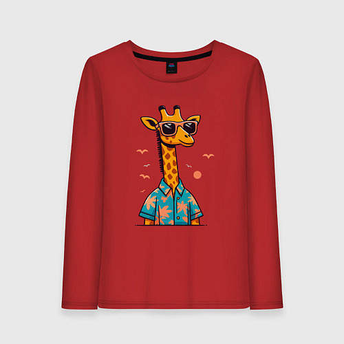 Женский лонгслив Модный жираф в солнечных очках и гавайской рубашке / Красный – фото 1