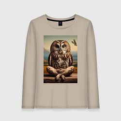 Лонгслив хлопковый женский Прикольная сказочная сова - нейросеть, цвет: миндальный