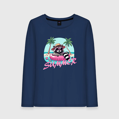 Женский лонгслив Забавный енот плавает в круге на море лето пляж / Тёмно-синий – фото 1