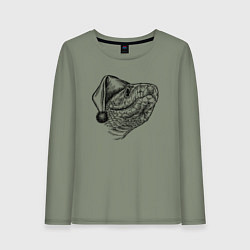 Лонгслив хлопковый женский Новогодний змей в колпаке, цвет: авокадо