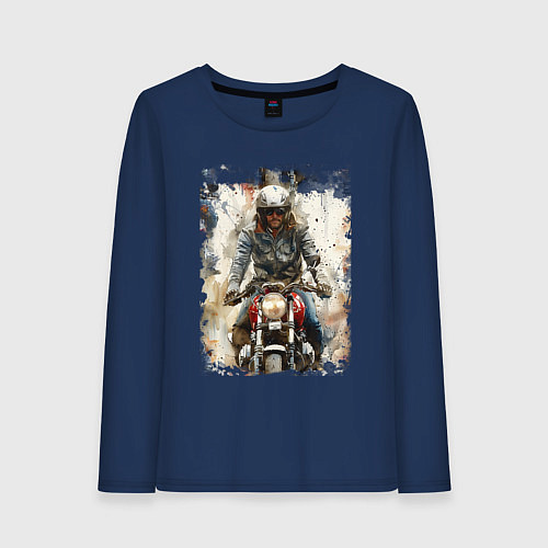 Женский лонгслив Акварель -мотоциклист / Тёмно-синий – фото 1