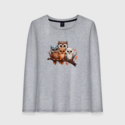 Лонгслив хлопковый женский Четыре совы на ветке, цвет: меланж