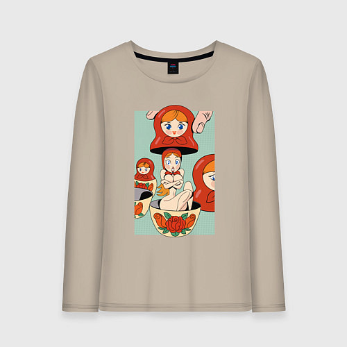 Женский лонгслив Матрешка и девушка / Миндальный – фото 1