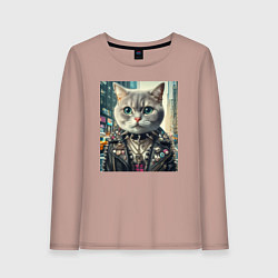 Лонгслив хлопковый женский Прикольный котик фанат тяжёлого рока - нейросеть, цвет: пыльно-розовый