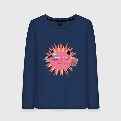 Женский лонгслив Розовый летний кот / Тёмно-синий – фото 1