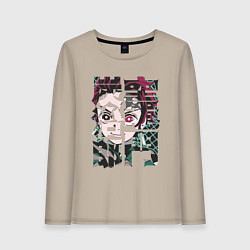 Лонгслив хлопковый женский Тандзиро иероглифы Клинок рассекающий демонов, цвет: миндальный