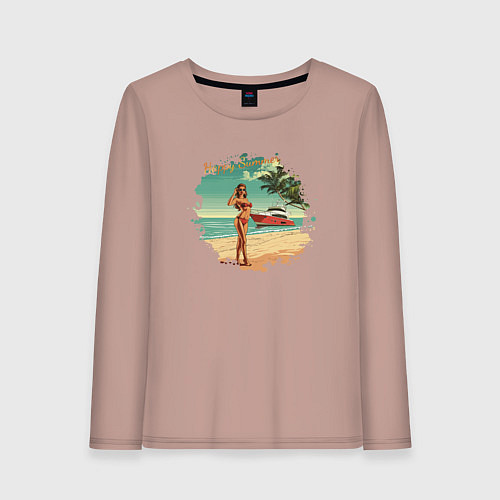 Женский лонгслив Девушка с яхтой на пляже / Пыльно-розовый – фото 1