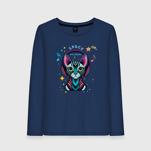 Женский лонгслив Кот в наушниках - музыка / Тёмно-синий – фото 1