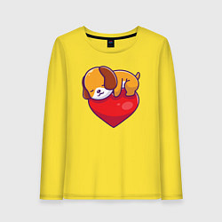 Лонгслив хлопковый женский Собачка обнимает сердце, цвет: желтый
