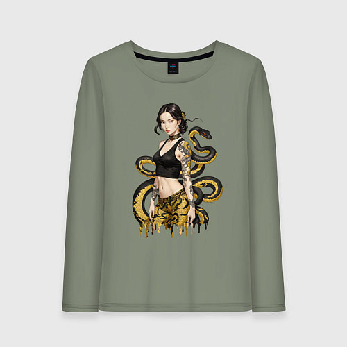 Женский лонгслив Женщина и чёрно-жёлтая змея за её спиной / Авокадо – фото 1