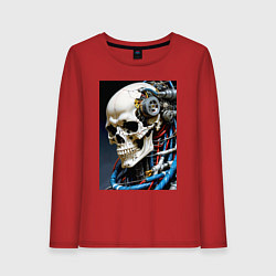 Лонгслив хлопковый женский Кибер череп - нейроарт фантазия, цвет: красный