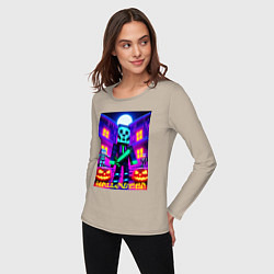 Лонгслив хлопковый женский Halloween and Minecraft - neon collaboration, цвет: миндальный — фото 2