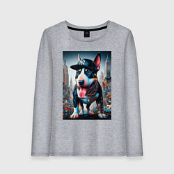 Лонгслив хлопковый женский Funny bull terrier in New York - ai art, цвет: меланж