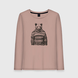 Лонгслив хлопковый женский Медведь в свитере новогодний, цвет: пыльно-розовый