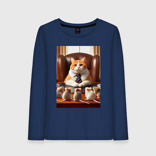 Женский лонгслив Рыжий кот босс - нейроарт / Тёмно-синий – фото 1