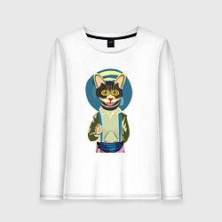 Лонгслив хлопковый женский Котик в медитации, цвет: белый