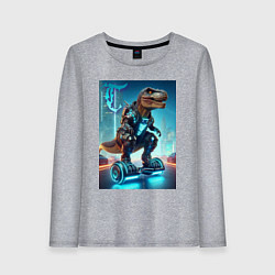 Лонгслив хлопковый женский Cyber tyrannosaur on a hoverboard - neon glow fant, цвет: меланж