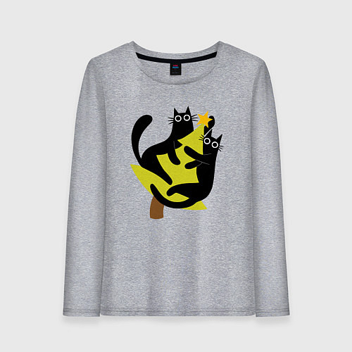 Женский лонгслив Черные коты на елке / Меланж – фото 1