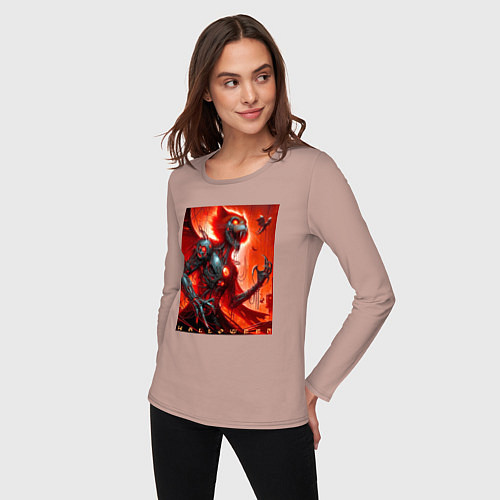 Женский лонгслив Кибер кошка ведьма - хэллоуин / Пыльно-розовый – фото 3