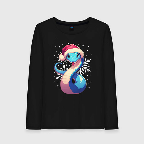 Женский лонгслив Синяя змея с снежинками / Черный – фото 1