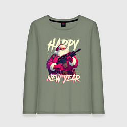 Лонгслив хлопковый женский Happy New Year Santa Claus with weapon, цвет: авокадо