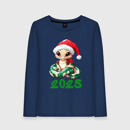 Женский лонгслив Милая змейка в новогодней шапочке 2025 / Тёмно-синий – фото 1