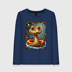 Лонгслив хлопковый женский Новогодняя золотая змейка, цвет: тёмно-синий
