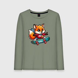 Лонгслив хлопковый женский Лисёнок крутой скейтбордист - нейроарт, цвет: авокадо