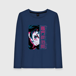 Лонгслив хлопковый женский Клинок рассекающий демонов Тандзиро боец, цвет: тёмно-синий