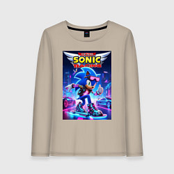 Лонгслив хлопковый женский Sonic racing team - hedgehog on a board, цвет: миндальный