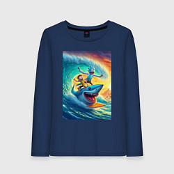 Лонгслив хлопковый женский Рик и Морти - сёрфинг на акуле, цвет: тёмно-синий