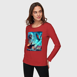 Лонгслив хлопковый женский Harry Potter and owl - ai art fantasy, цвет: красный — фото 2