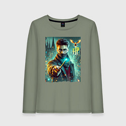Лонгслив хлопковый женский Harry Potter with a magic wand - ai art fantasy, цвет: авокадо