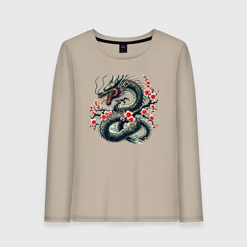 Женский лонгслив Japanese dragon and sakura - irezumi / Миндальный – фото 1