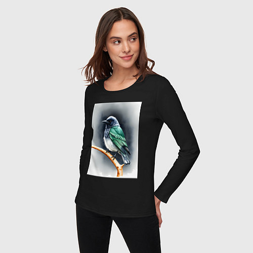 Женский лонгслив Птичка на ветке / Черный – фото 3