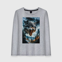 Лонгслив хлопковый женский Голова волка с оскаленной пастью, цвет: меланж