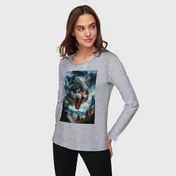 Лонгслив хлопковый женский Голова волка с оскаленной пастью, цвет: меланж — фото 2