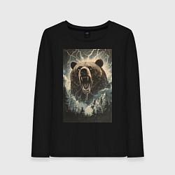 Лонгслив хлопковый женский Оскаленная морда медведя, цвет: черный