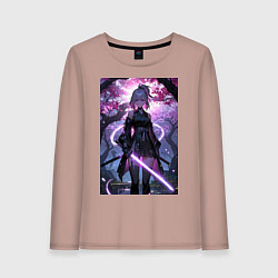 Лонгслив хлопковый женский Девушка с катаной на фоне цветущей сакуры, цвет: пыльно-розовый