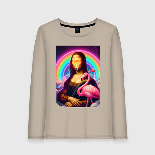 Женский лонгслив Мона Лиза - лампочка и розовый фламинго / Миндальный – фото 1