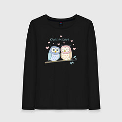 Лонгслив хлопковый женский Влюбленные совушки, цвет: черный