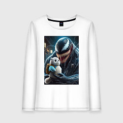 Лонгслив хлопковый женский Venom and funny kitten with backpack, цвет: белый
