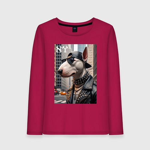 Женский лонгслив Чувак бультерьер житель Нью-Йорка / Маджента – фото 1