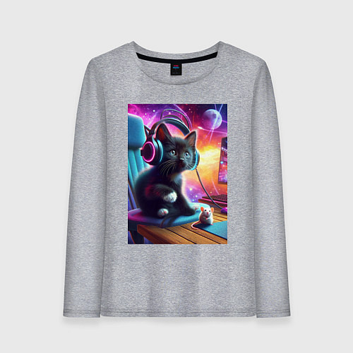 Женский лонгслив Котёнок в наушниках и мышка / Меланж – фото 1