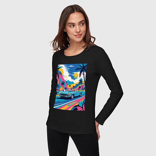 Женский лонгслив Кабриолет едет по тропическому острову / Черный – фото 3