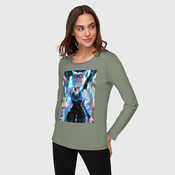 Лонгслив хлопковый женский Лиса наемник в стиле Cyberpunk, цвет: авокадо — фото 2